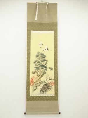 三輪湖舟筆　松竹梅鶴亀　肉筆絹本掛軸（共箱）